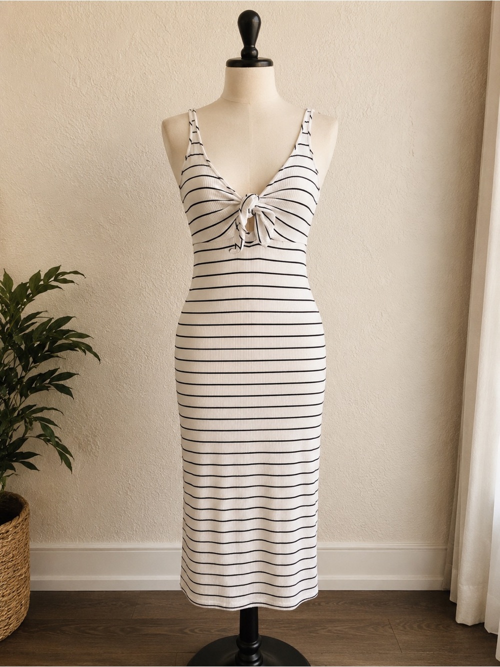 Express White and Black Striped Tie-Front Midi Dress